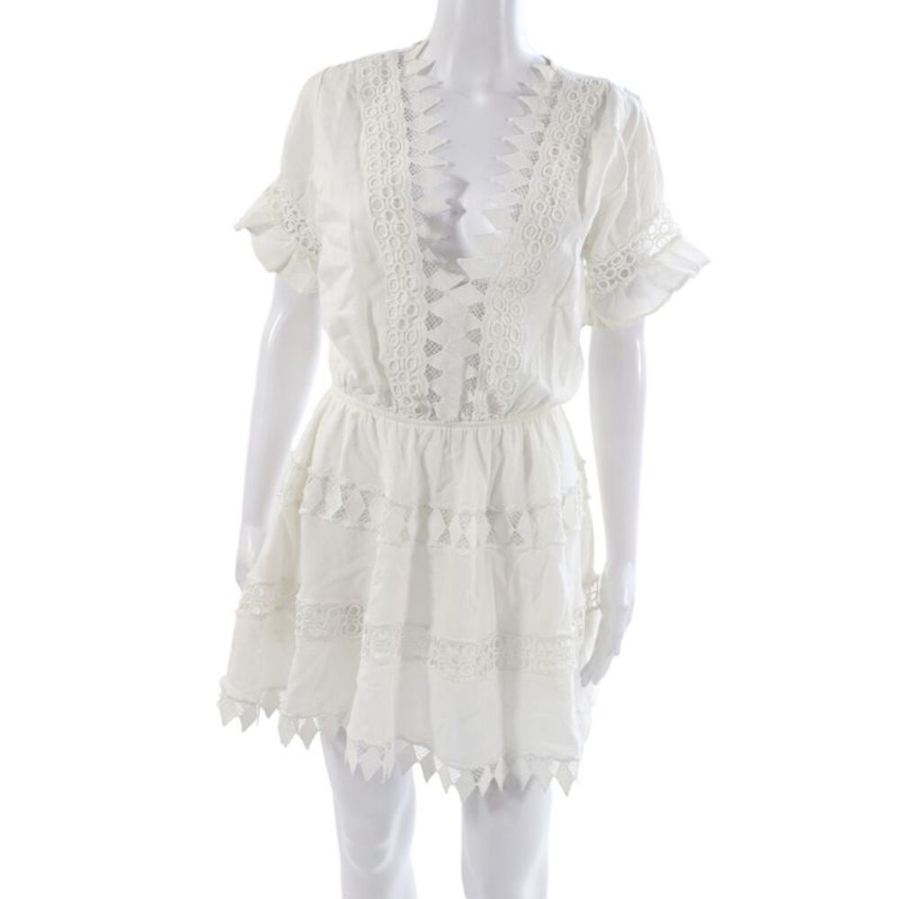 Peixoto Women Boho White V-Neck Mini Dress Short Sleeve 100% Cotton Size S